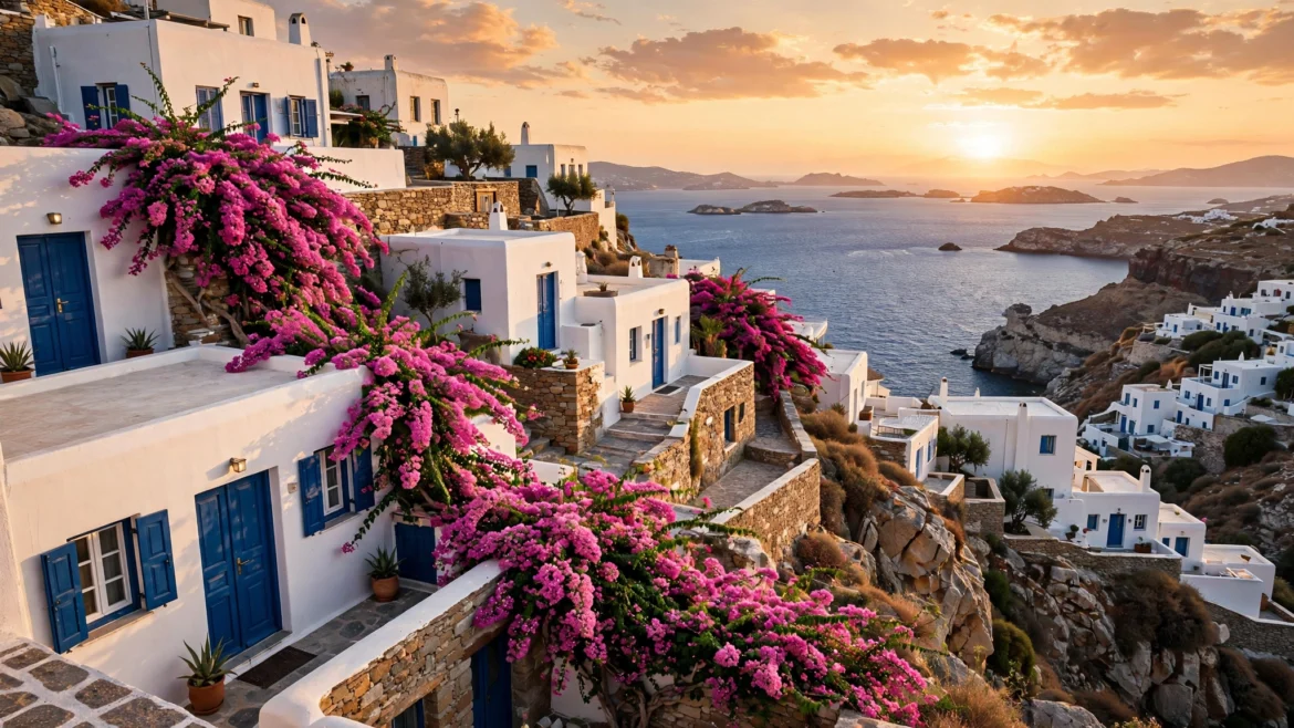 Sifnos island Greece whitewashed village at sunset over the Aegean Sea