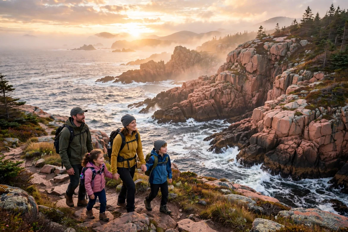 Family hiking the rocky Ocean Path coastline at sunrise in Acadia National Park, Maine