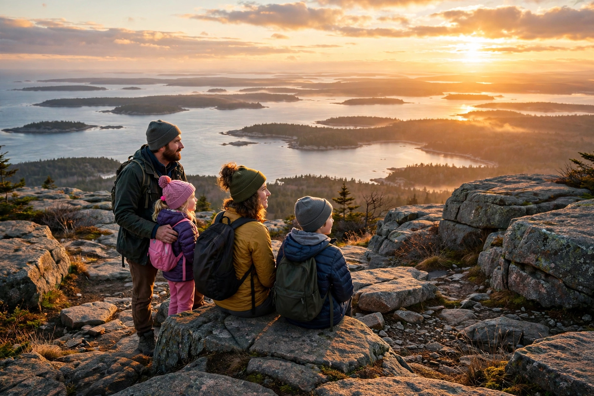 Acadia National Park with Kids: 3-Day Itinerary (2026) 10 Kids watching sunrise from Cadillac Mountain summit in Acadia National Park