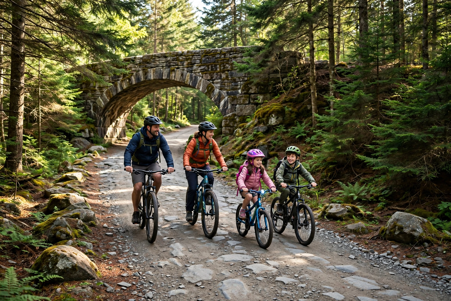 Acadia National Park with Kids: 3-Day Itinerary (2026) 12 Family biking the historic stone-bridge carriage roads of Acadia National Park