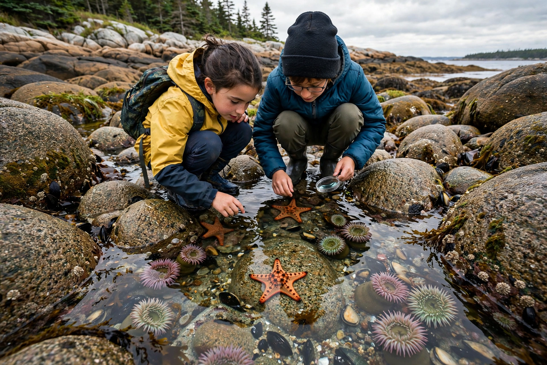 Acadia National Park with Kids: 3-Day Itinerary (2026) 11 Children exploring tide pools at a rocky beach in Acadia National Park