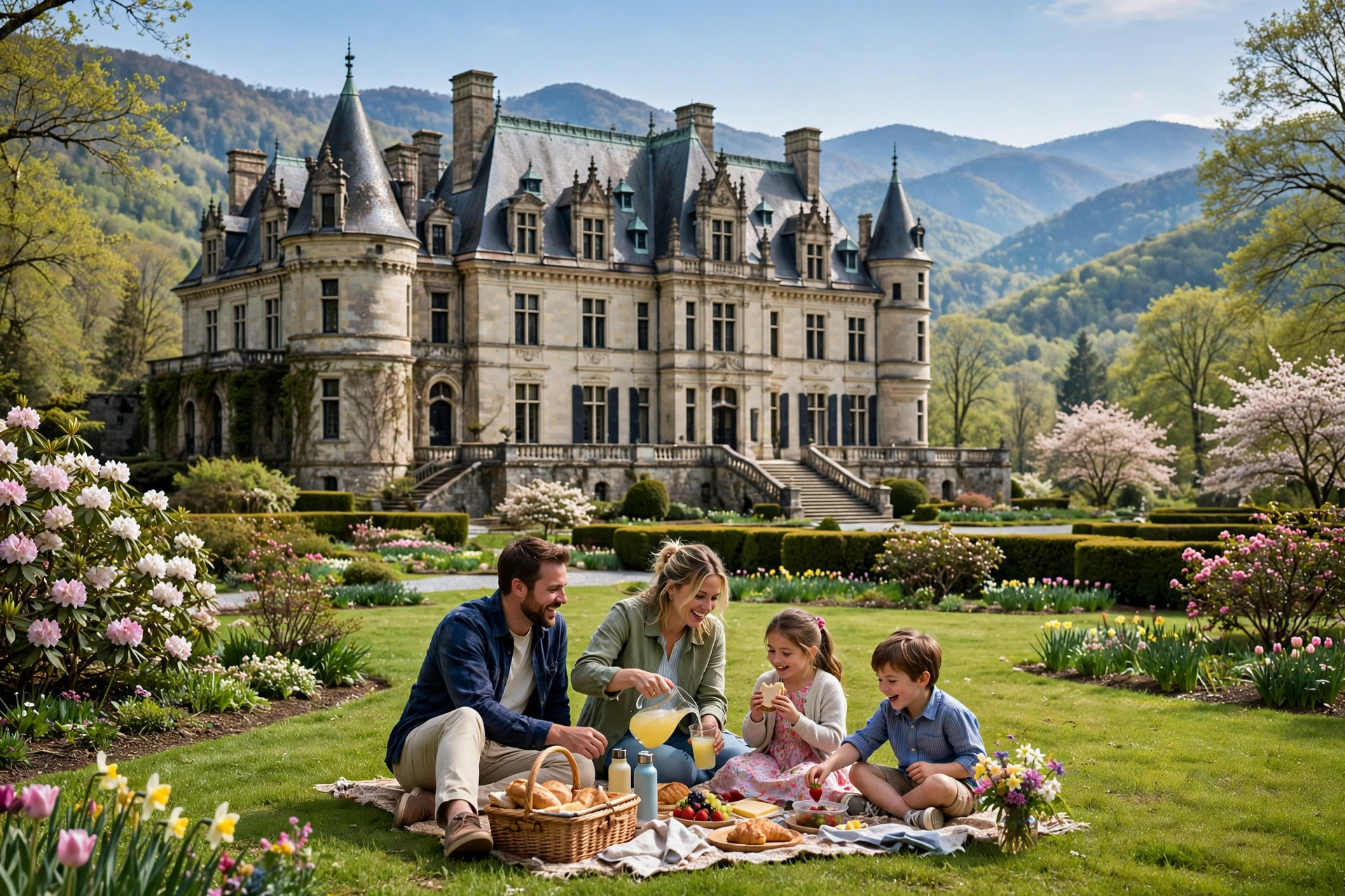Weekend in Asheville NC: Family Itinerary (2026) 11 Family picnicking on the lawn in front of Biltmore Estate in Asheville
