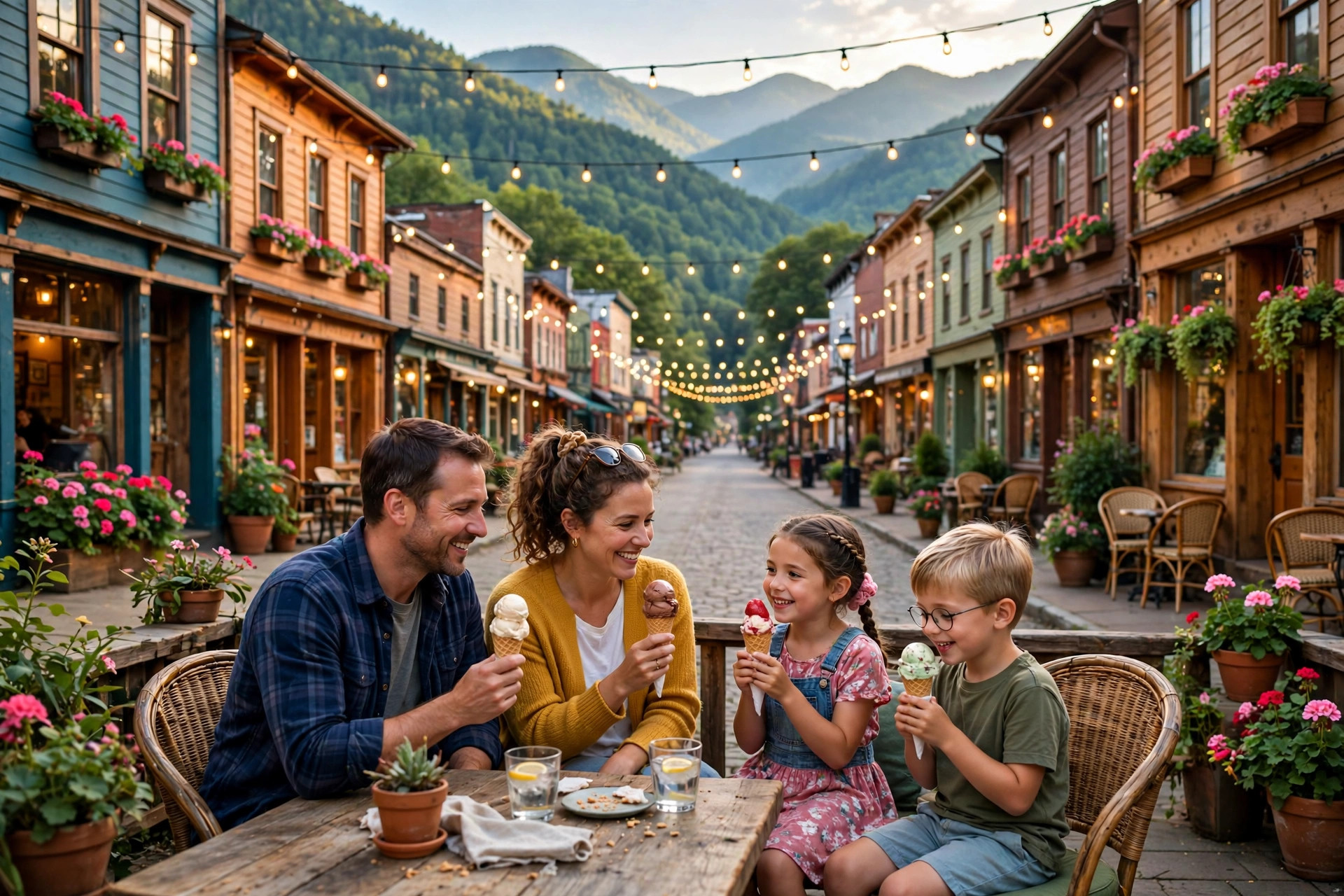 Weekend in Asheville NC: Family Itinerary (2026) 12 Family eating ice cream on a charming downtown Asheville street