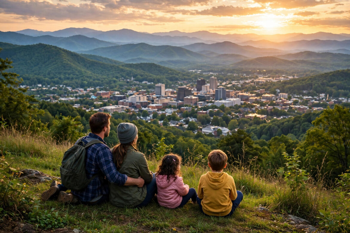 Family watching sunset over Asheville North Carolina with Blue Ridge Mountains in the background