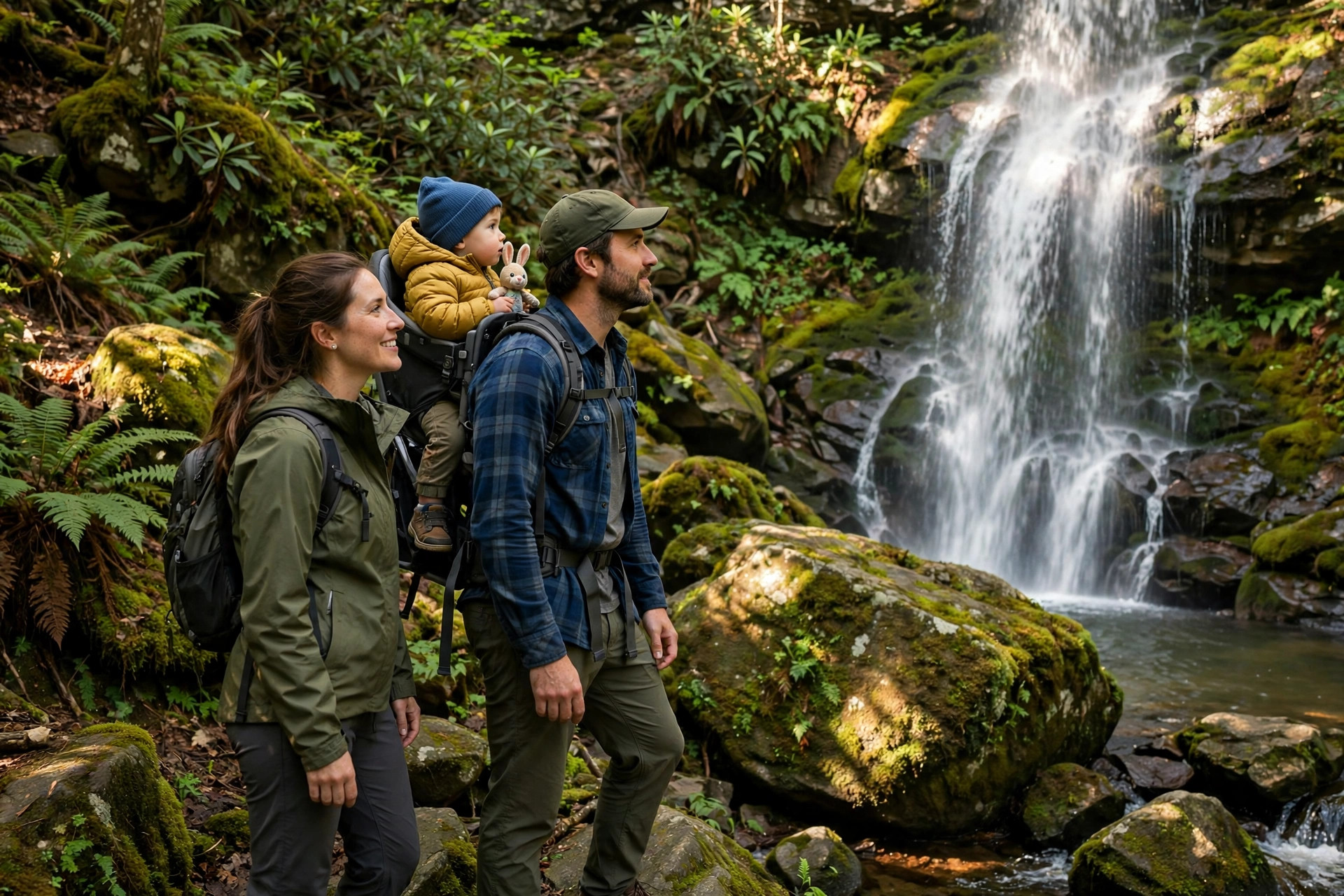 Weekend in Asheville NC: Family Itinerary (2026) 10 Family with toddler in hiking carrier at a Blue Ridge Mountain waterfall near Asheville