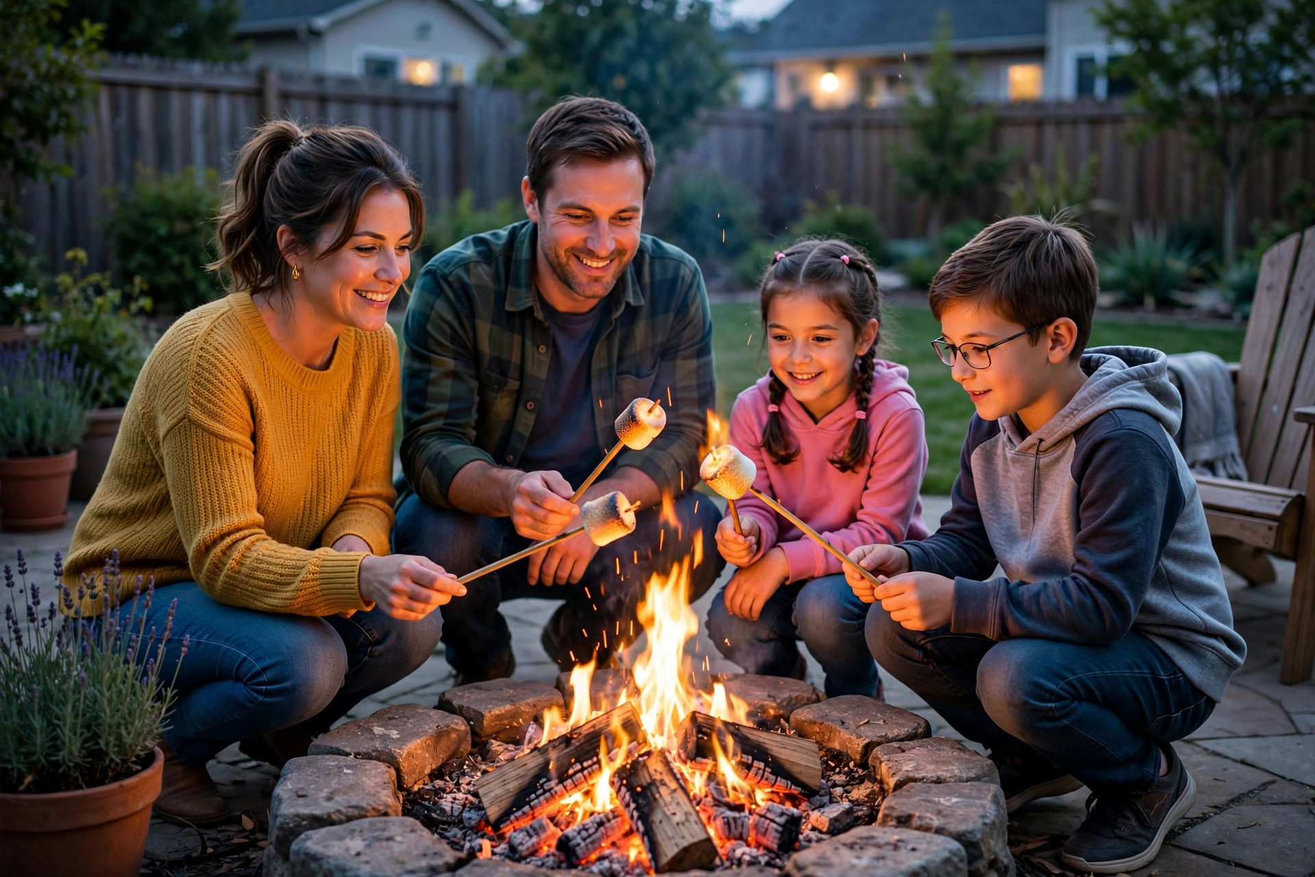 Family roasting marshmallows over a small backyard fire pit at dusk