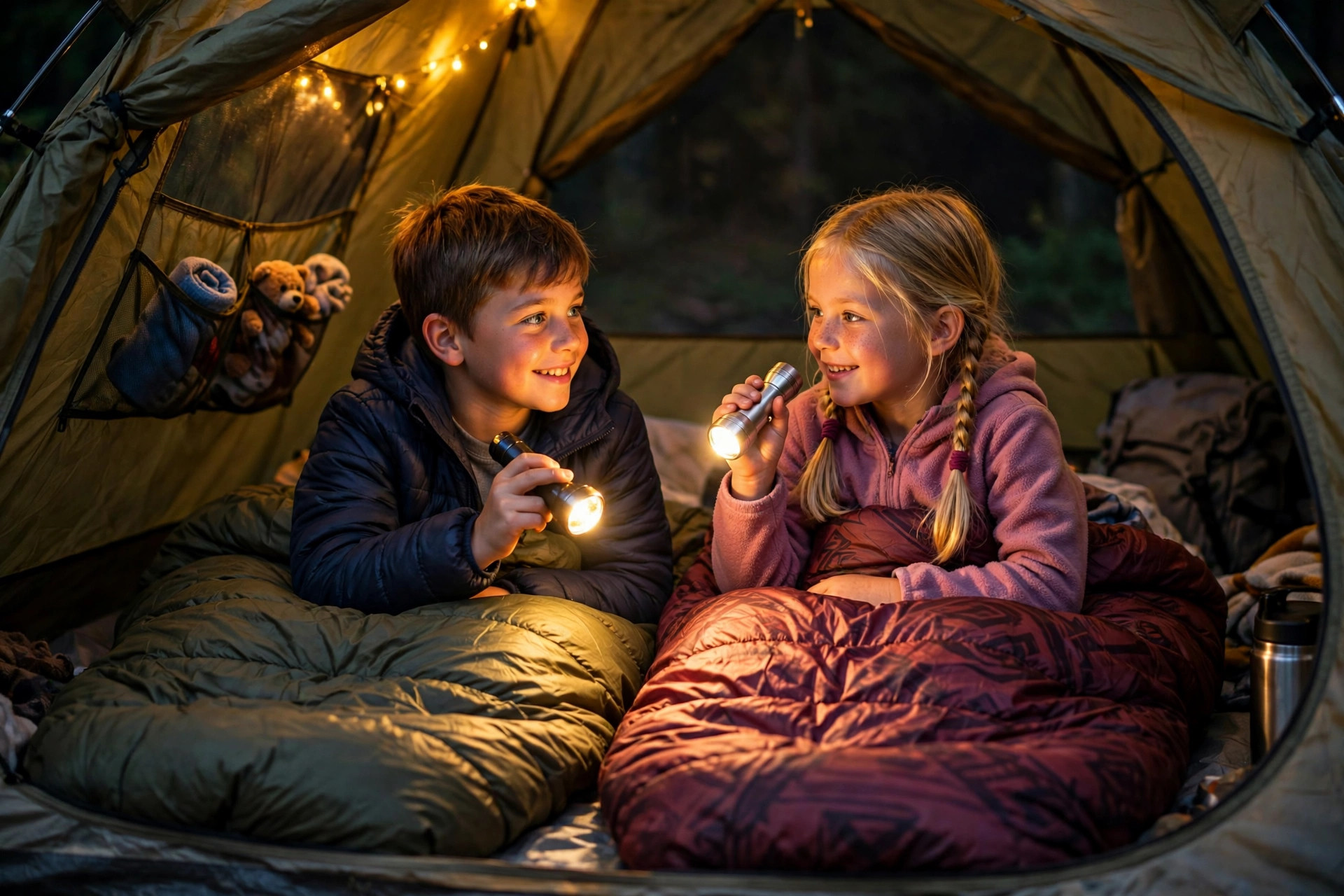 Two kids in sleeping bags inside a tent at night holding flashlights during backyard camping