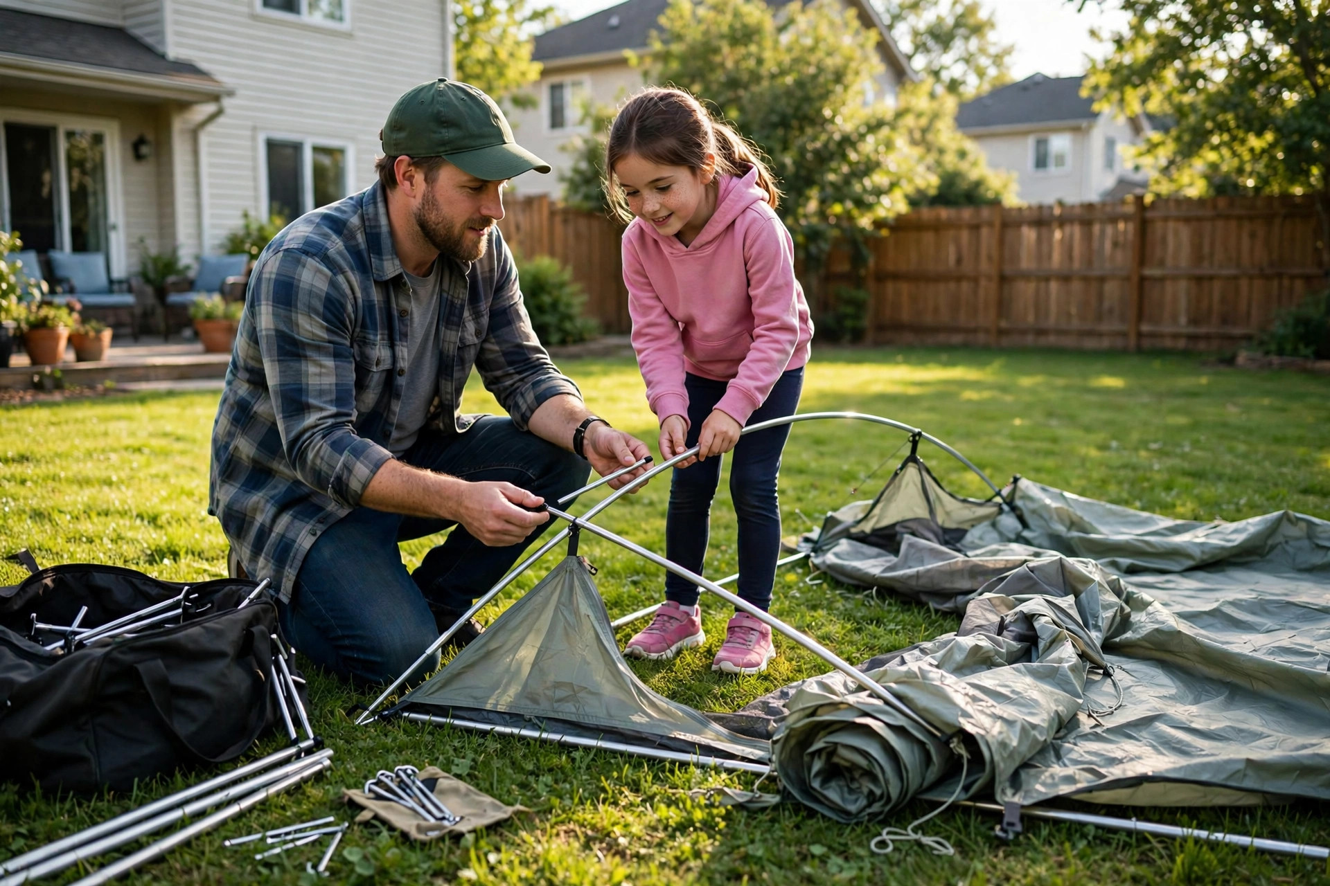 Father teaching his young daughter how to pitch a tent in the backyard on a sunny afternoon