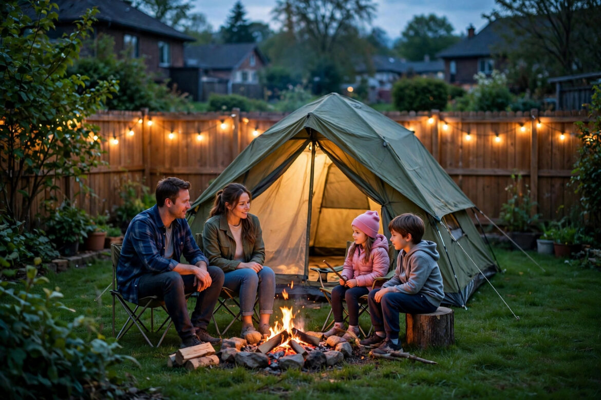 Family tent glowing in a suburban backyard at dusk with parents and kids around a campfire