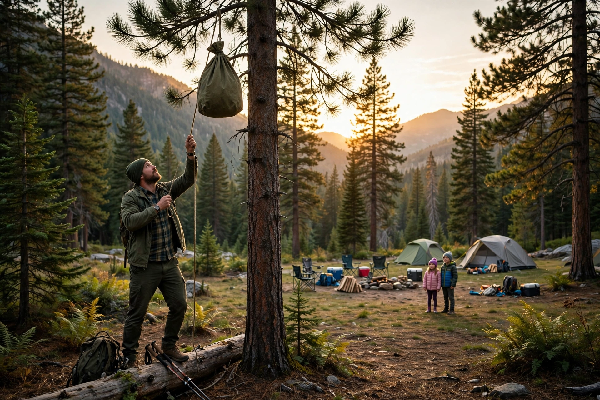 Camping in Bear Country with Kids: Safety Guide (2026) 11 Parent hanging a bear bag from a tree branch while kids watch safely during family camping in bear country