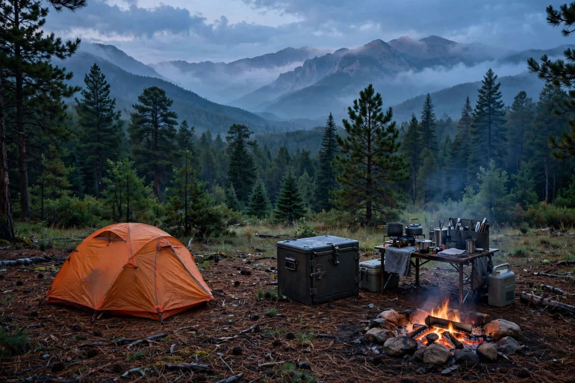 Family campsite at dusk in bear country with bear-proof food locker, tent and camp kitchen in the Rocky Mountains