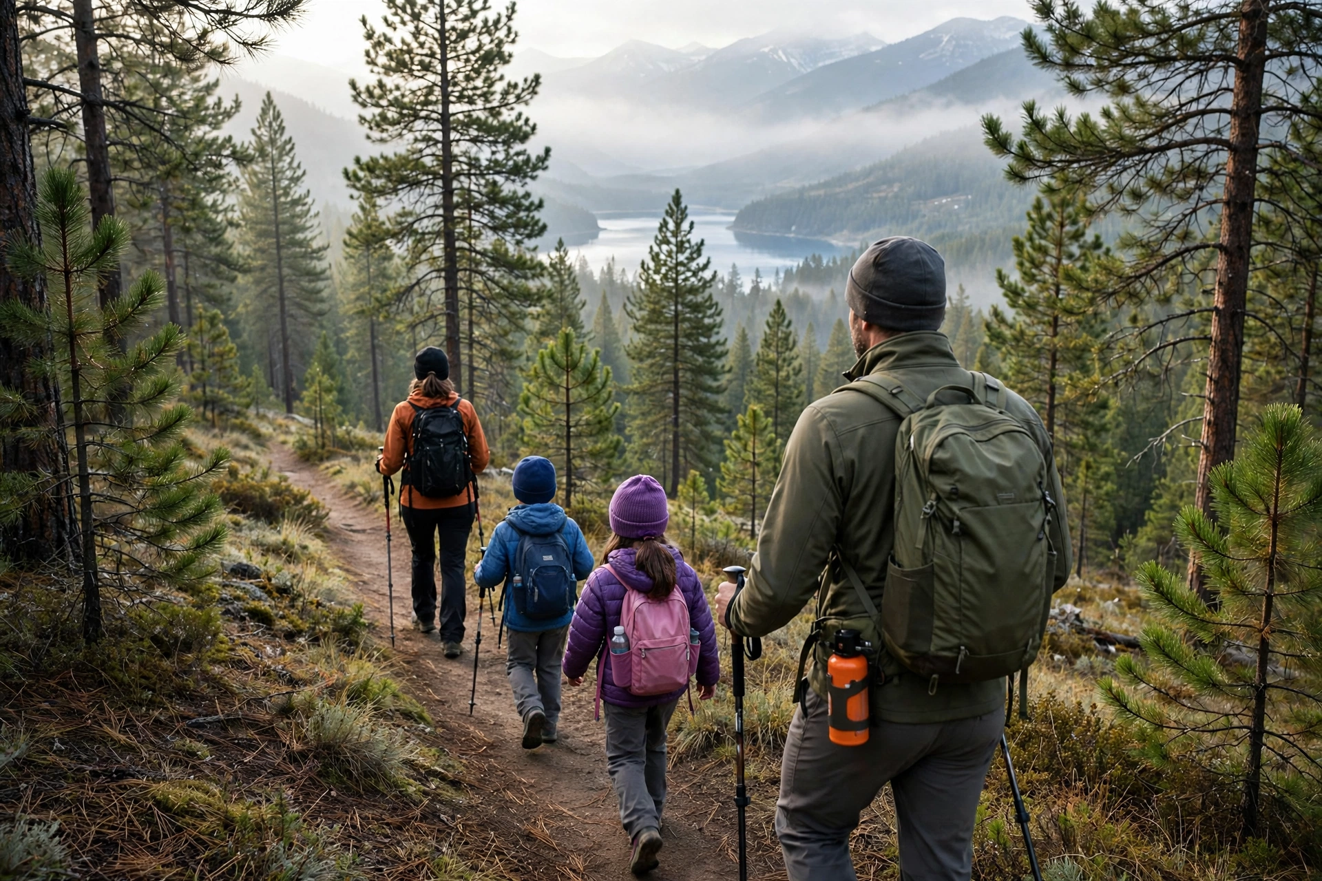 Camping in Bear Country with Kids: Safety Guide (2026) 12 Family with kids hiking a forest trail in bear country with bear spray accessible on backpack