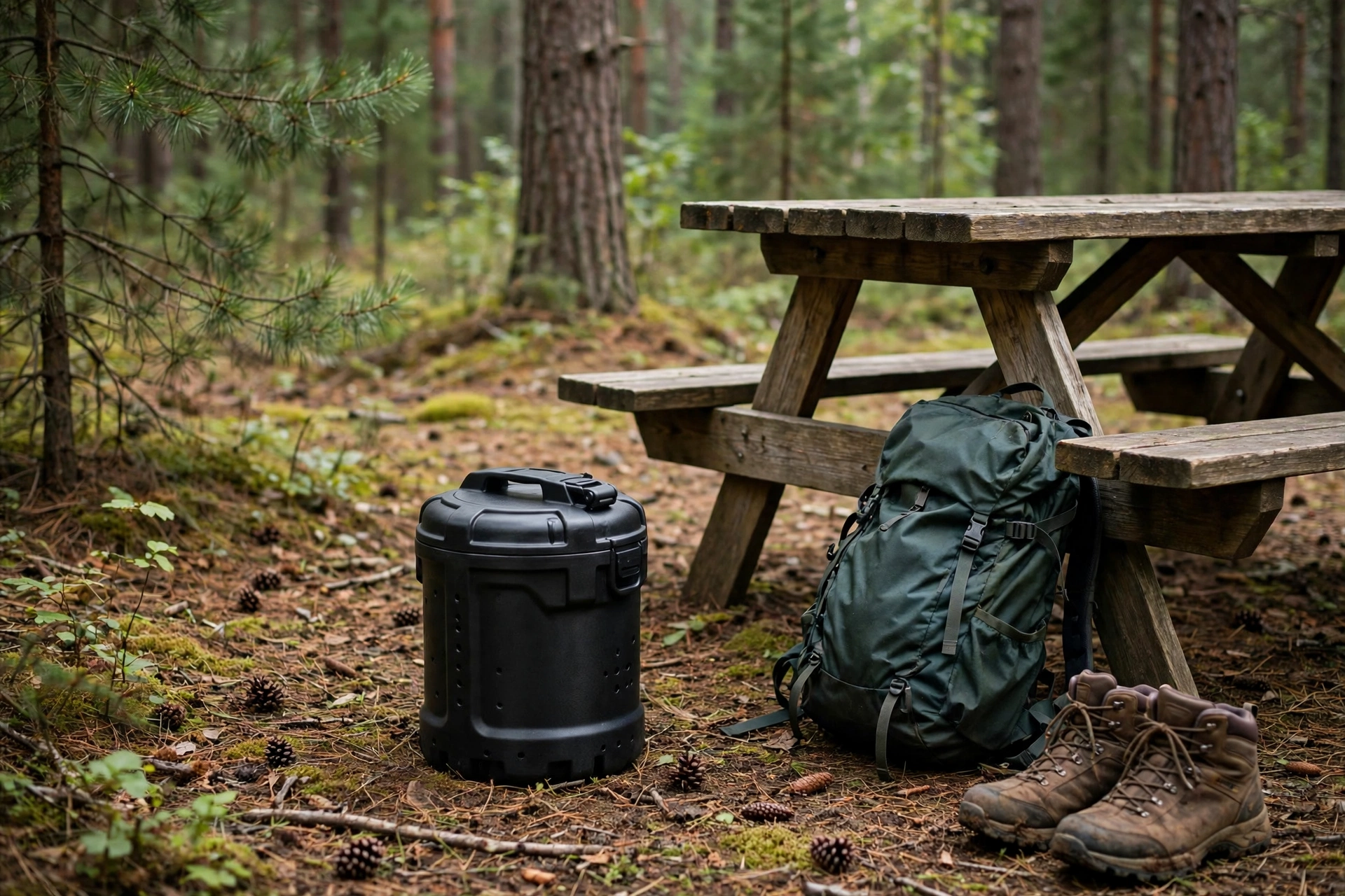 Camping in Bear Country with Kids: Safety Guide (2026) 10 Bear-resistant food canister stored at a forest campsite in bear country