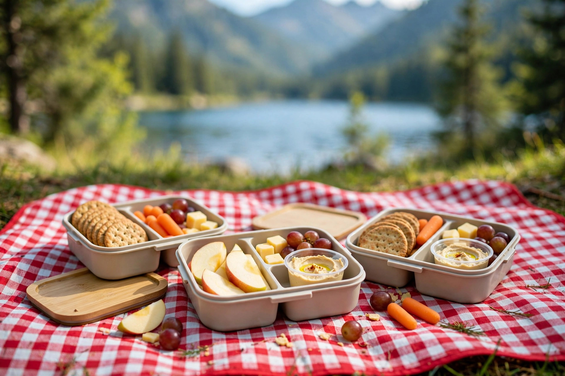 Best Healthy Camping Snacks 11 Bento-style camping snack boxes for kids with cheese, fruit, crackers, and hummus on a picnic blanket