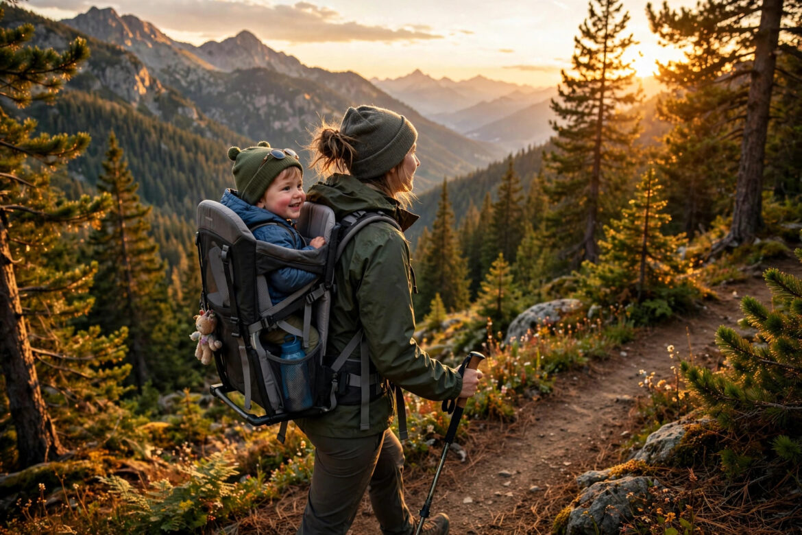 Parent hiking a forest trail at golden hour with a toddler riding in a framed child carrier backpack