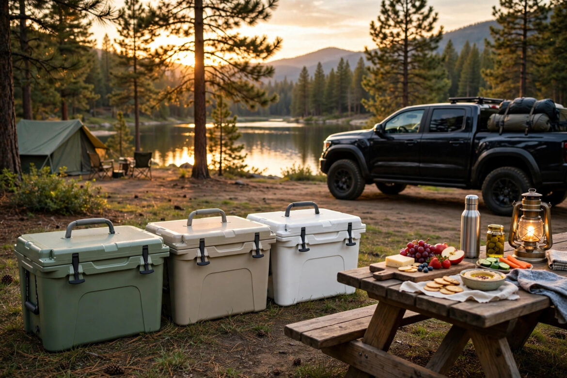 Premium camping coolers lined up at a family campsite by a lake at golden hour