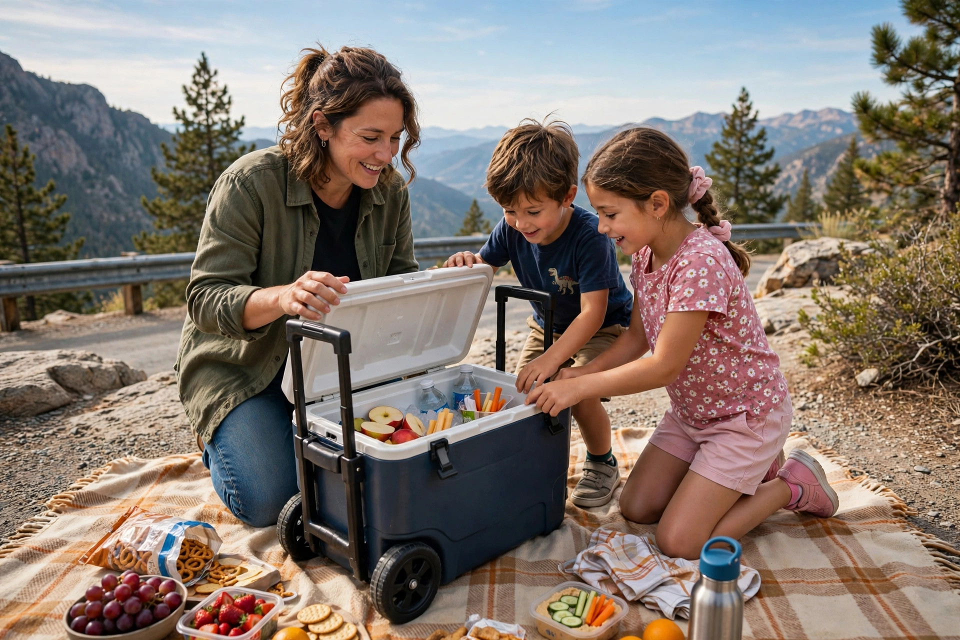 Best Coolers for Family Camping: Ice Retention Tested 11 Family opening a wheeled cooler during a roadside picnic with mountain views