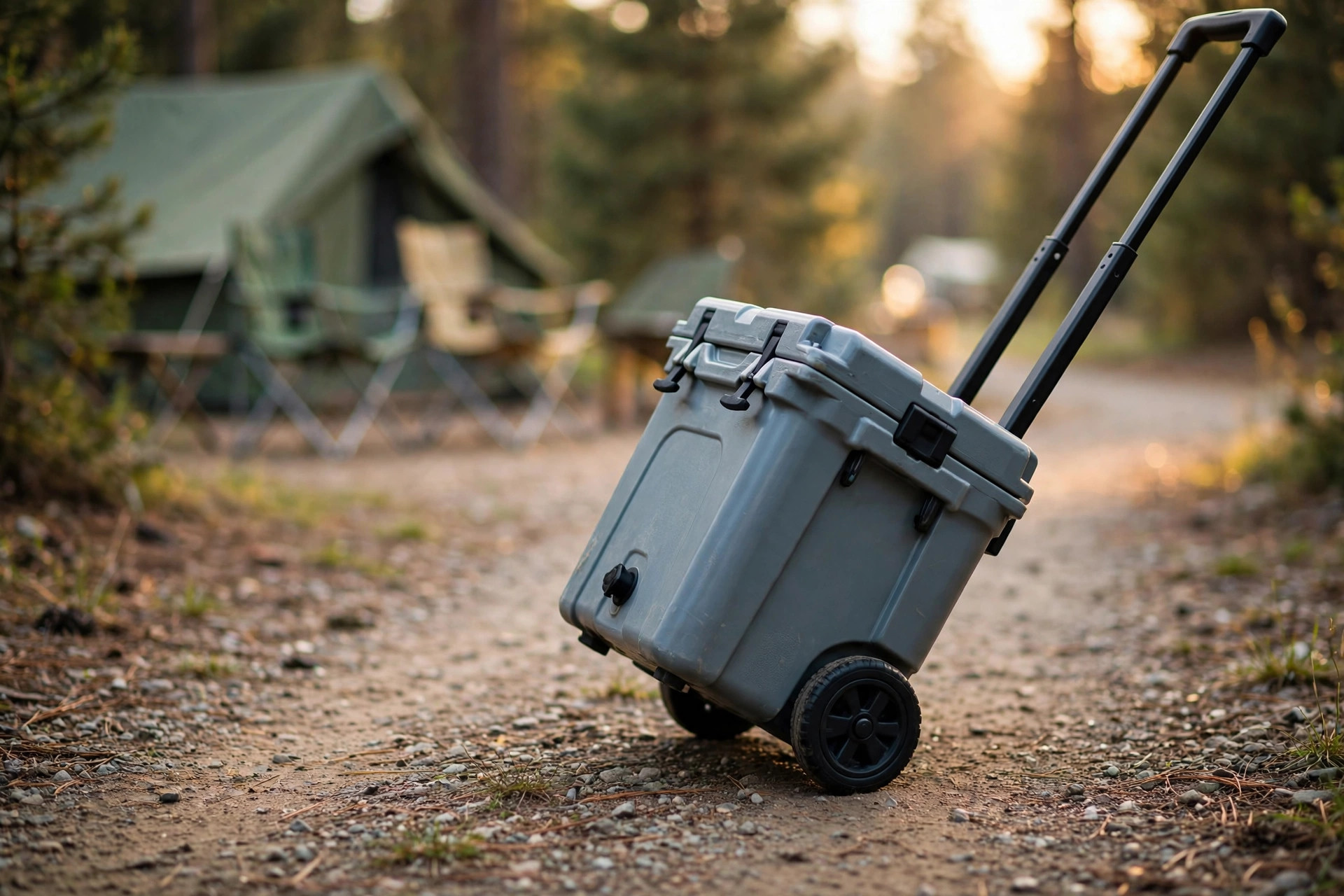Best Coolers for Family Camping: Ice Retention Tested 12 Wheeled camping cooler with handle being rolled along a campground path