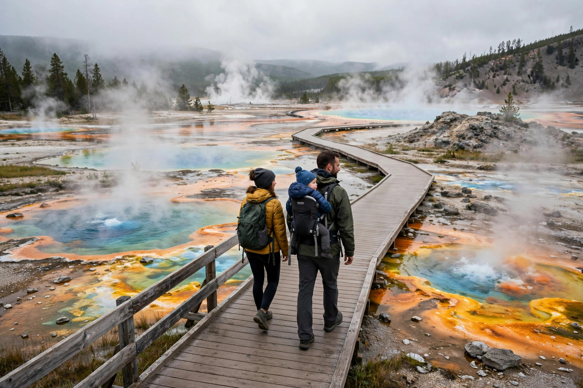 Best Easy Hikes Near National Parks for Families 10 Family walking a boardwalk trail past geothermal hot springs