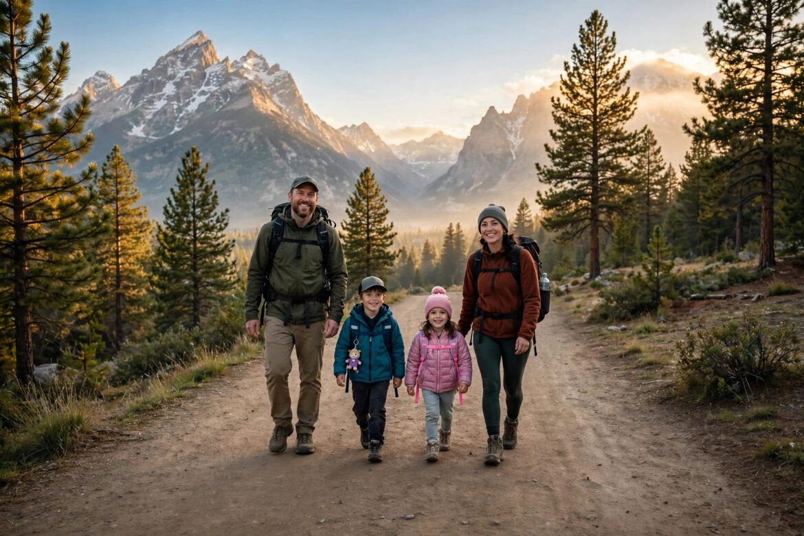 Family hiking an easy trail near a national park at sunrise