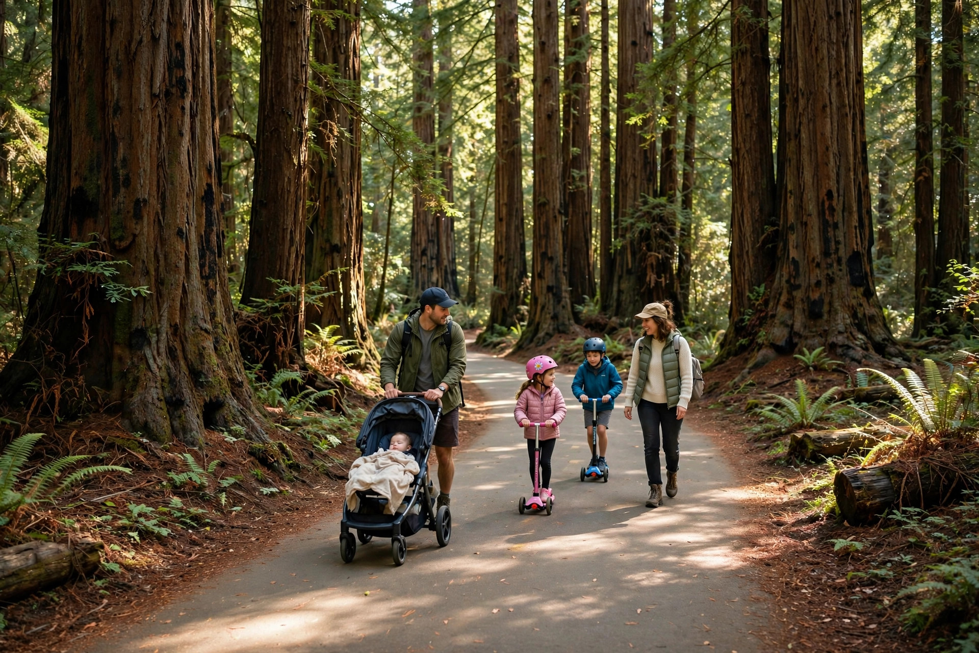 Best Easy Hikes Near National Parks for Families 12 Family with stroller on a paved accessible trail through redwood forest