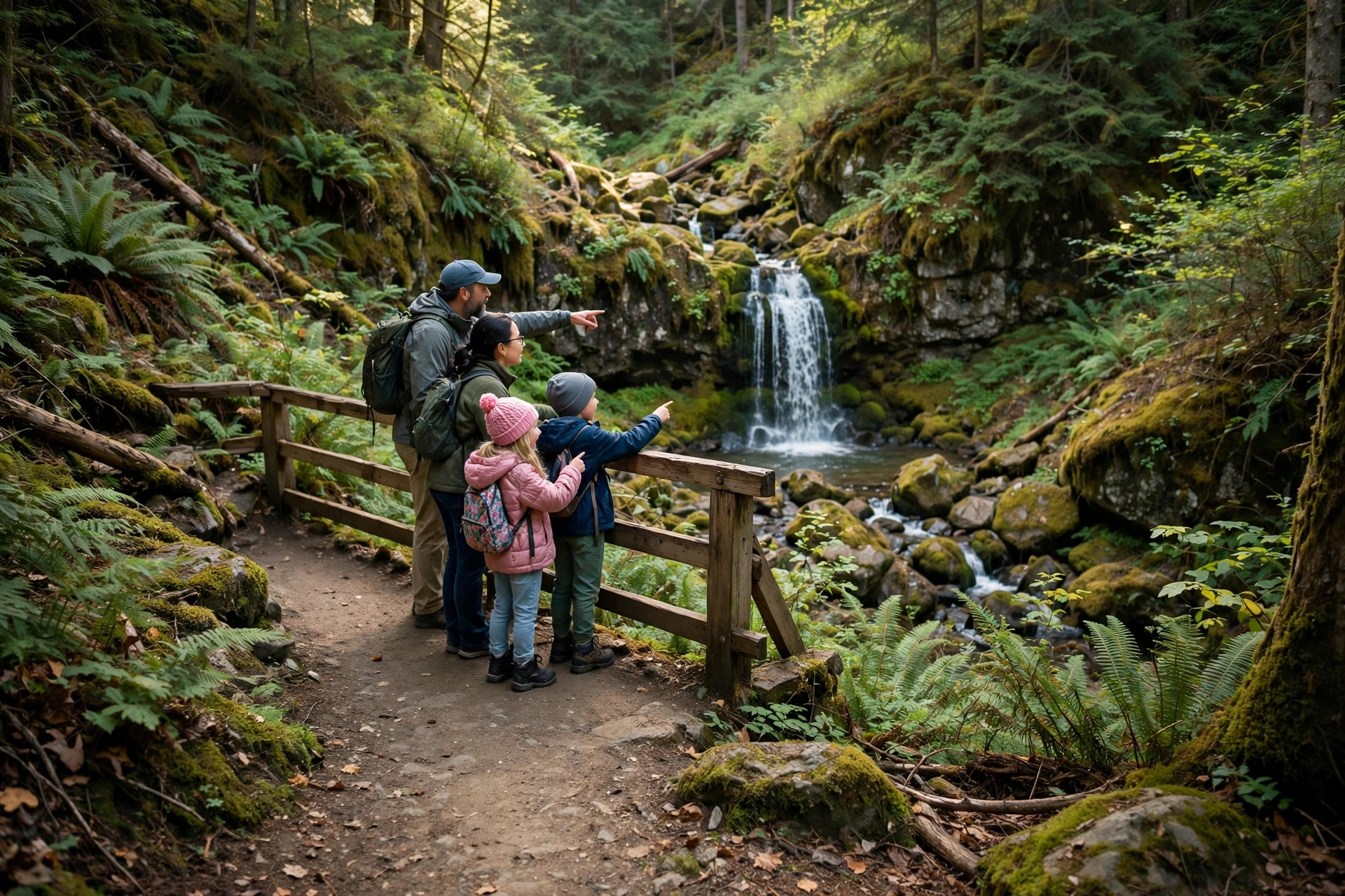 Best Easy Hikes Near National Parks for Families 11 Family with kids at a waterfall overlook on an easy national park trail
