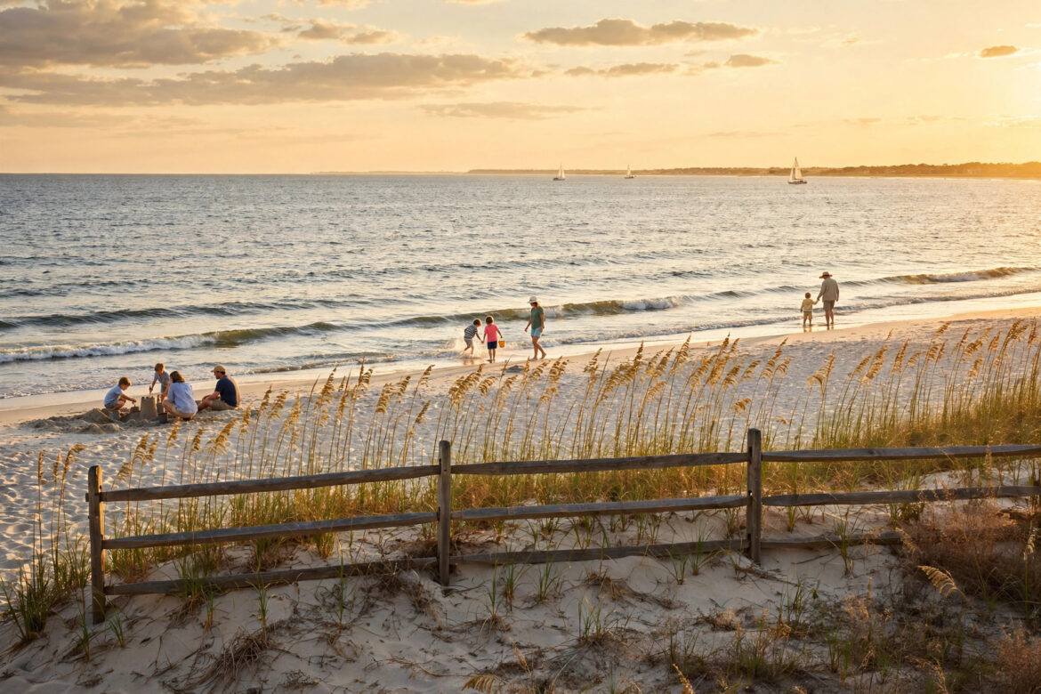 Golden hour view of a family beach on the US East Coast with gentle waves and sand dunes