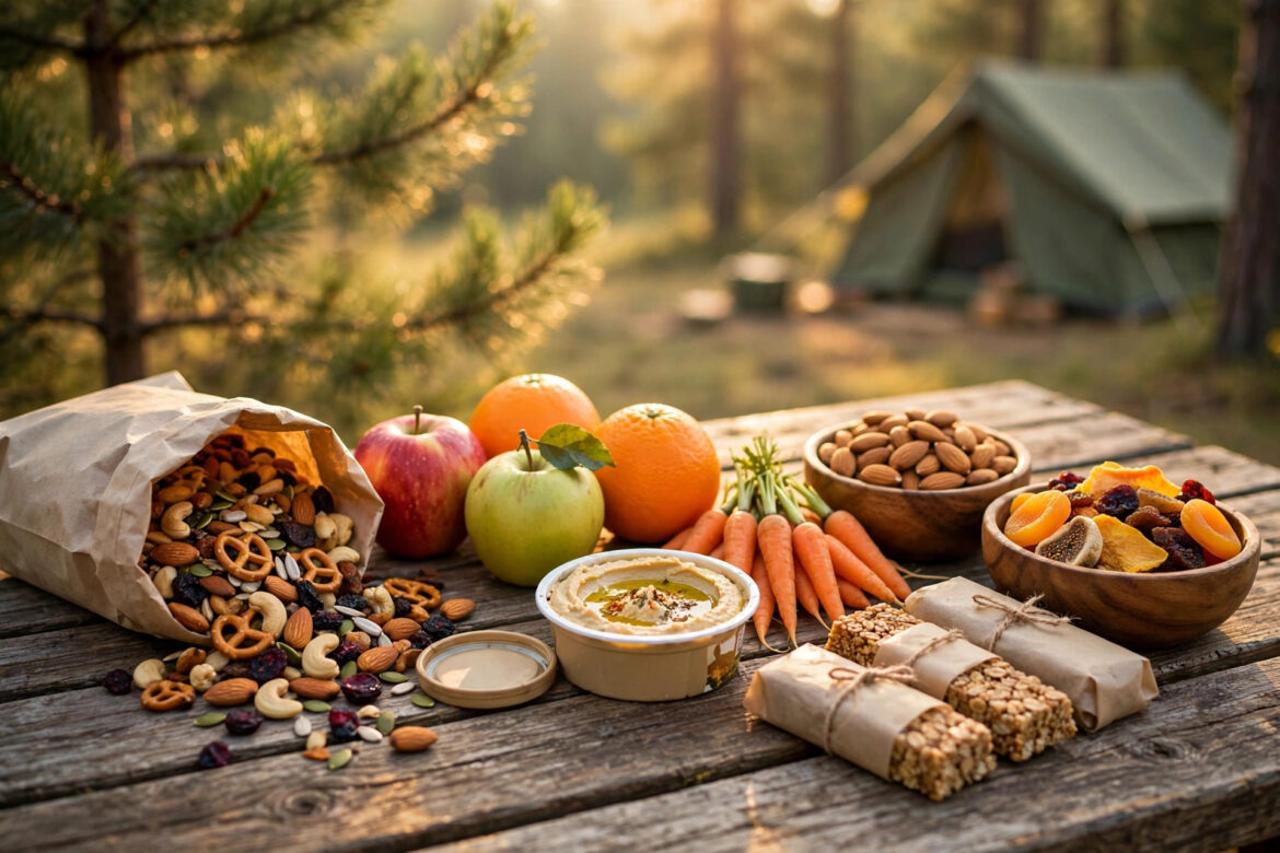 Healthy camping snacks arranged on a picnic table: trail mix, fresh fruit, hummus, nuts, and granola bars