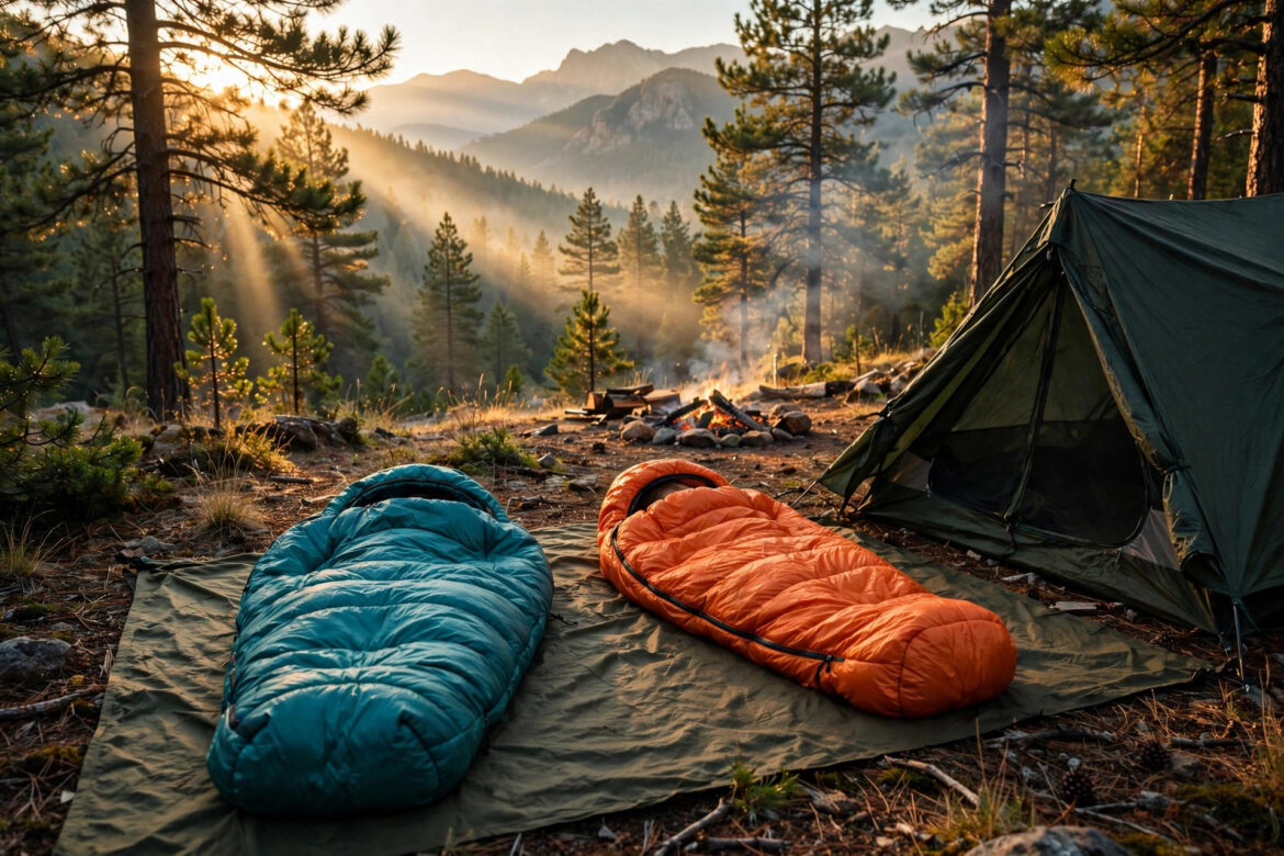 Family campsite at golden hour with two colorful kids sleeping bags laid out by a tent in a pine forest