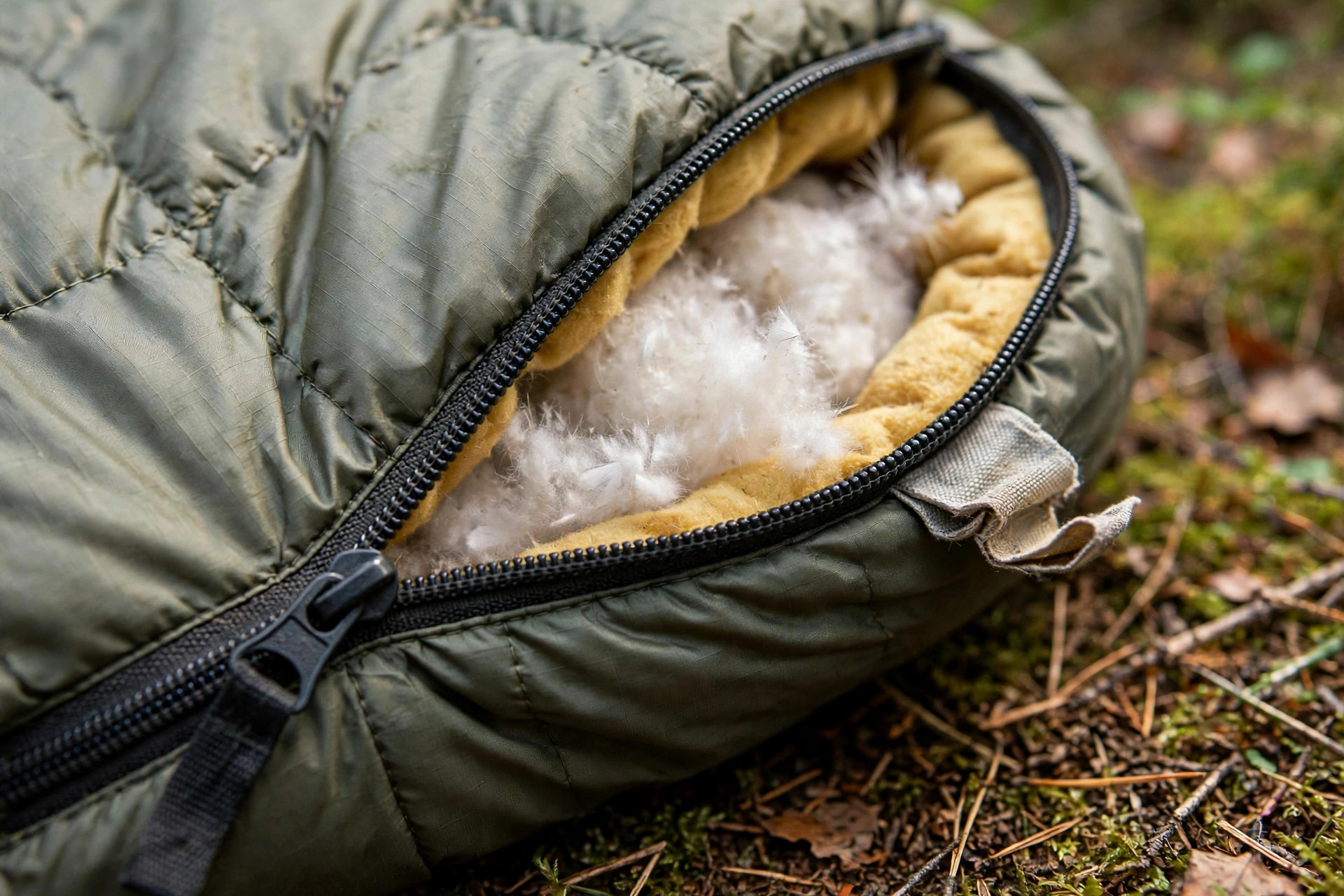 Close-up of a kid-sized mummy sleeping bag showing the zipper, fabric tag, and lofted insulation texture in soft daylight