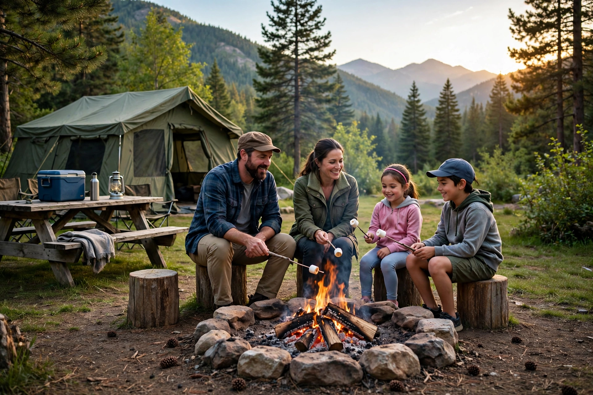 Best US State Parks for First-Time Family Campers 10 Family campsite with tent and campfire in a state park