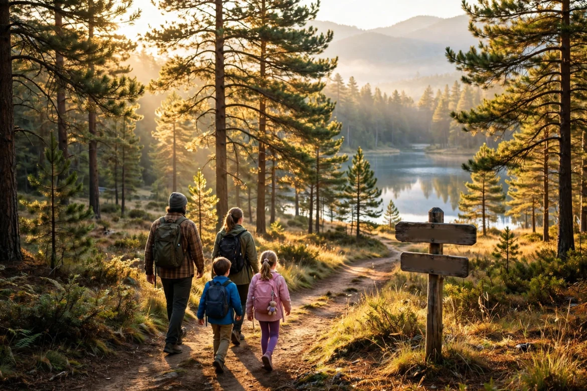 Family hiking on a forest trail in an American state park at golden hour