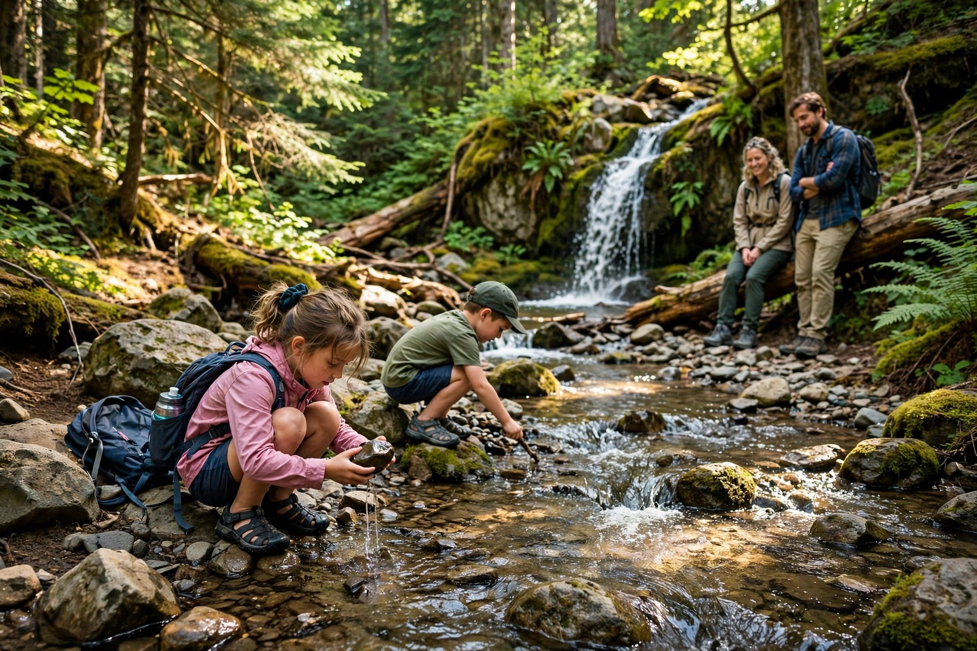 Best US State Parks for First-Time Family Campers 11 Kids exploring a rocky stream with a small waterfall in a state park