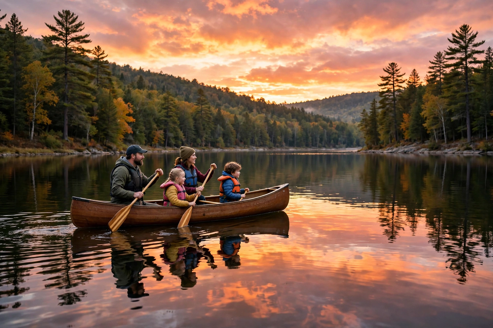 Best US State Parks for First-Time Family Campers 12 Family paddling a canoe on a calm lake at sunset in a state park