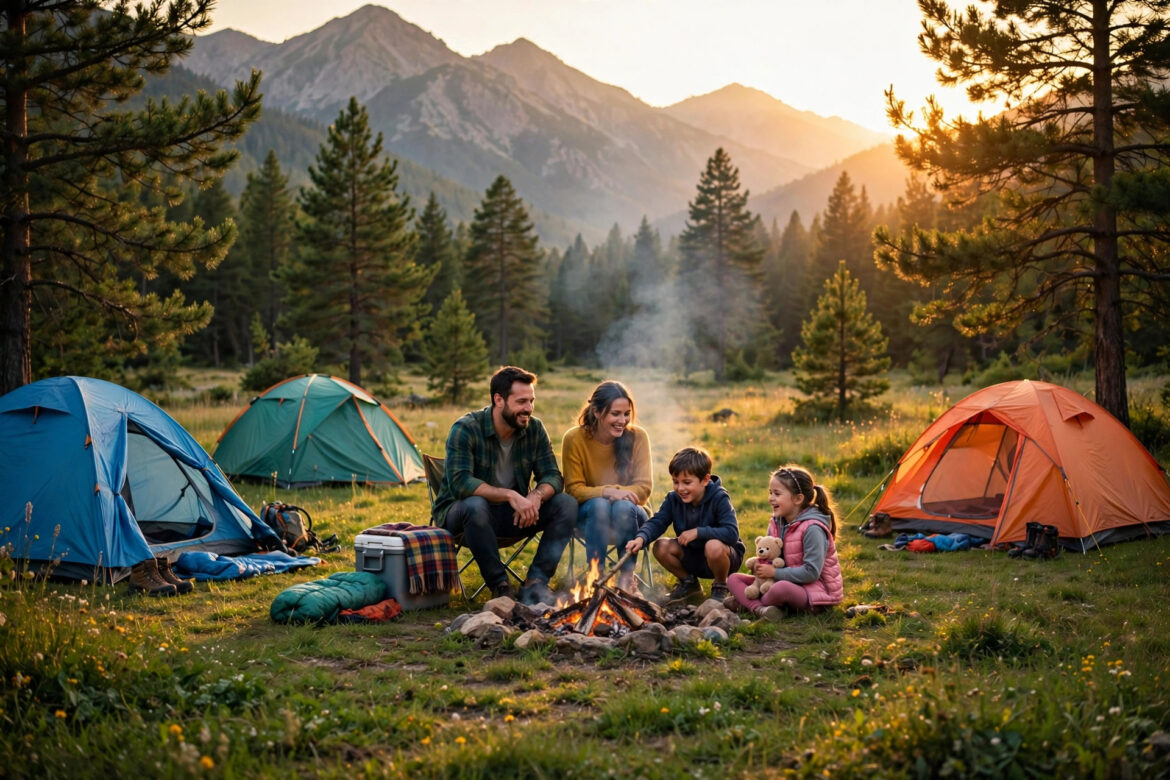 Family campsite at golden hour with tents, campfire and mountains