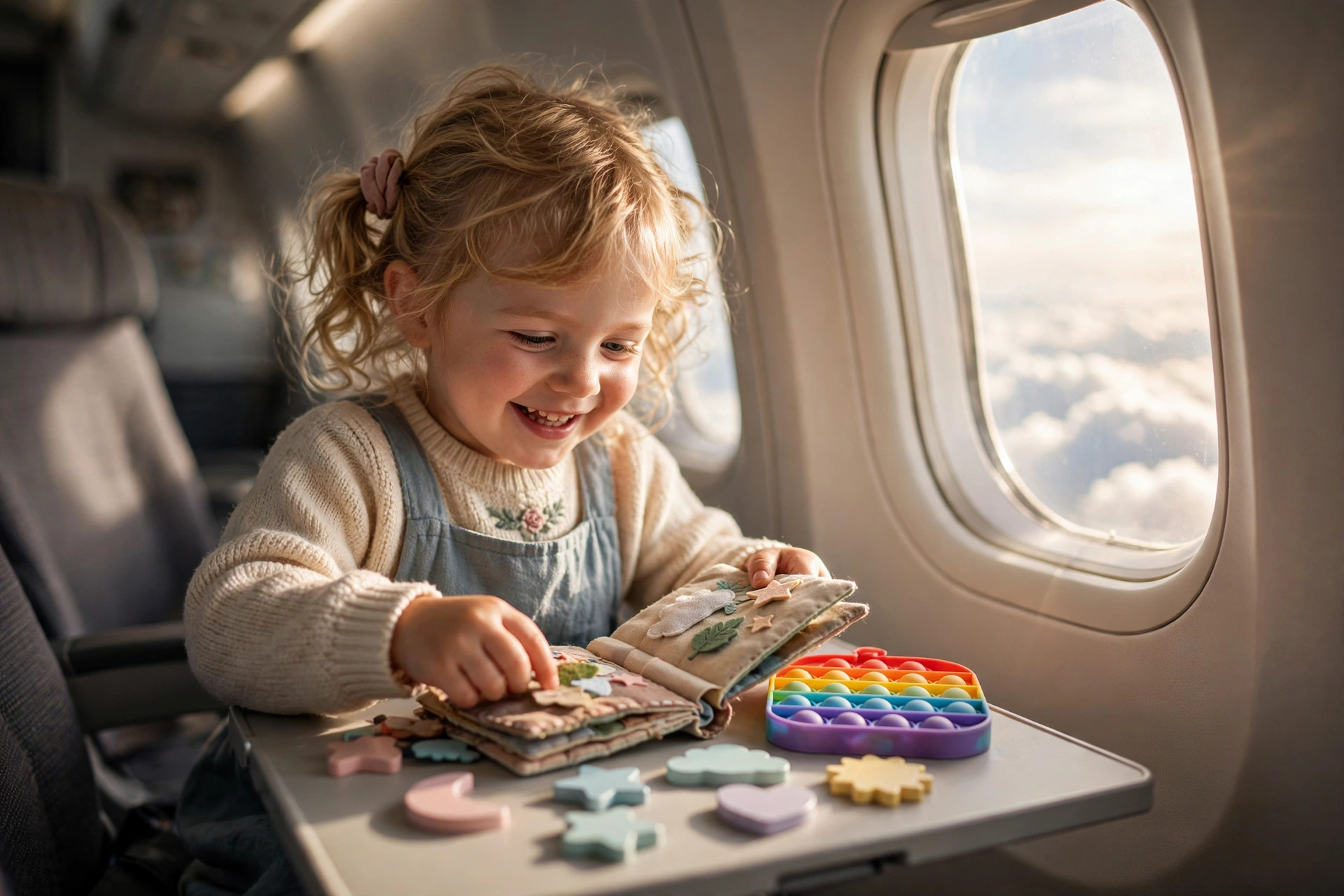Best Travel Toys for Toddlers 10 Happy toddler playing with quiet travel toys on an airplane tray table