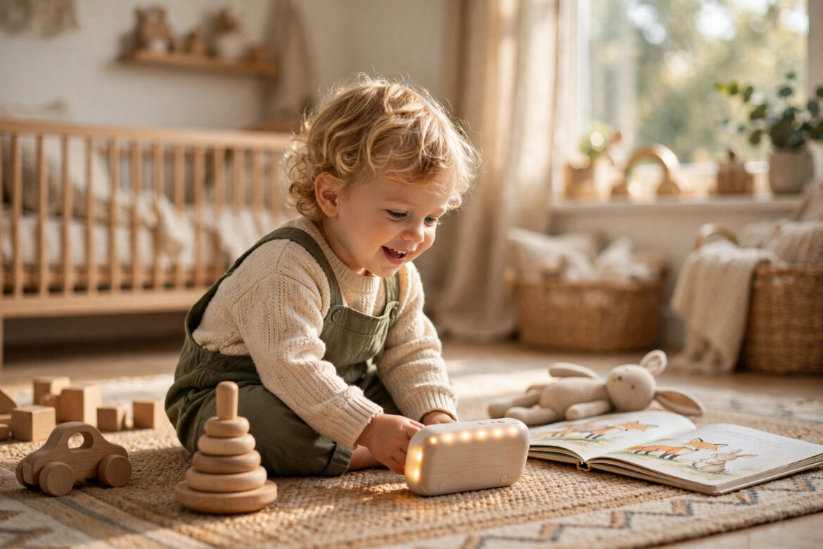 Toddler listening to a Yoto audio player in a sunny nursery