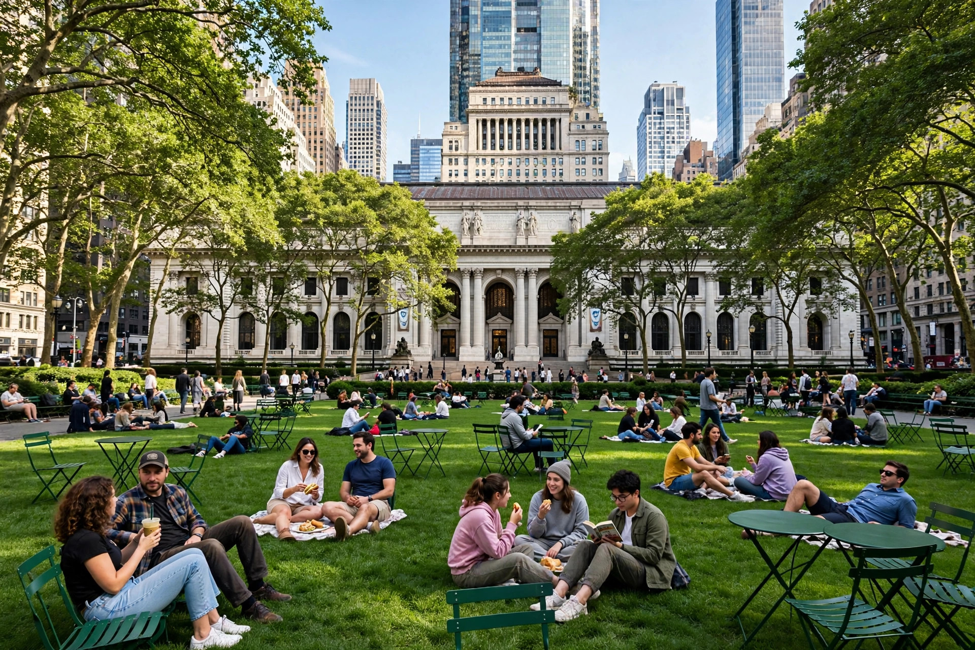 Bryant Park lawn with people relaxing and Midtown skyscrapers behind