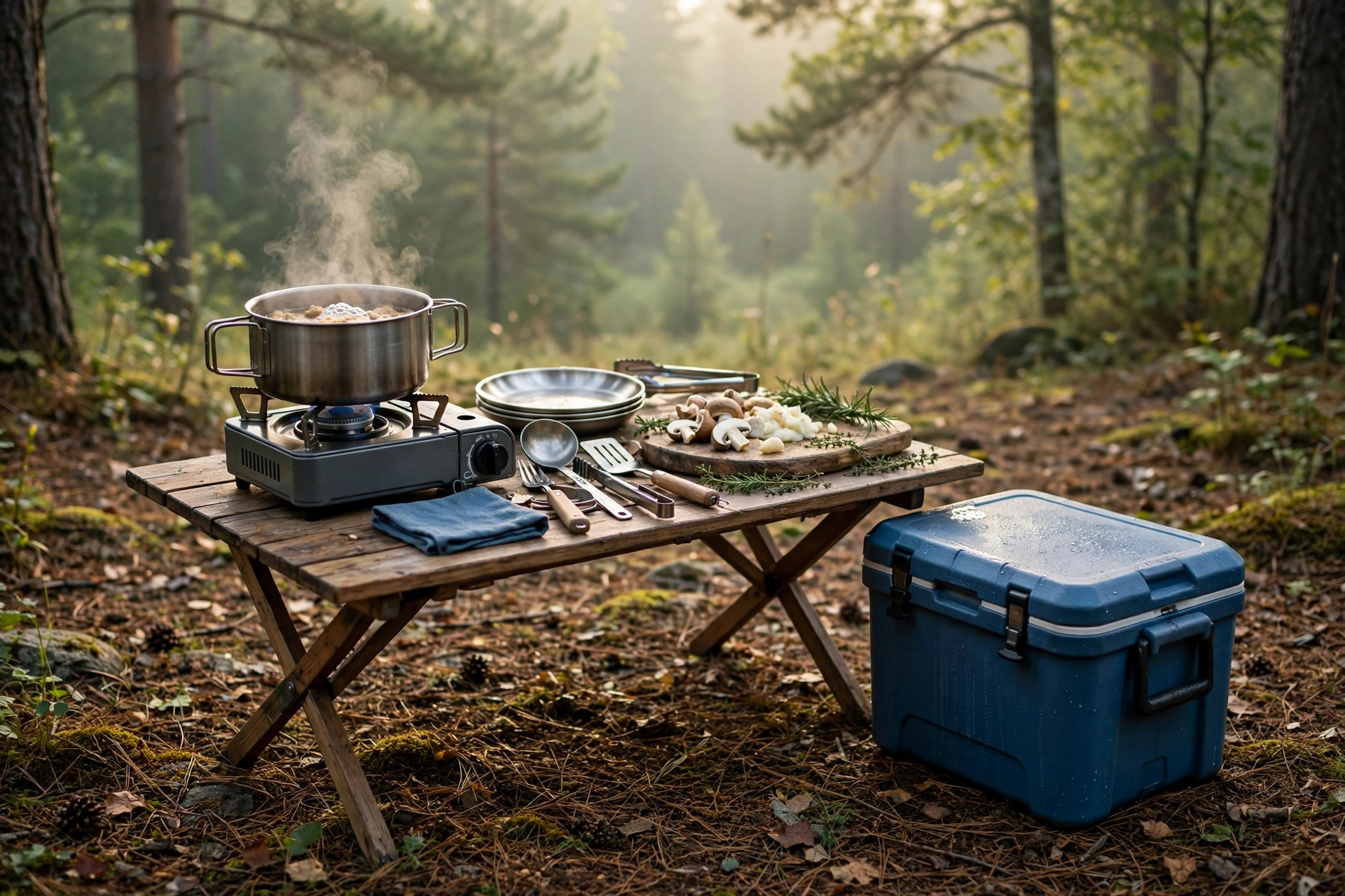 Camp kitchen setup with portable stove, cooking utensils and cooler at a forest campsite