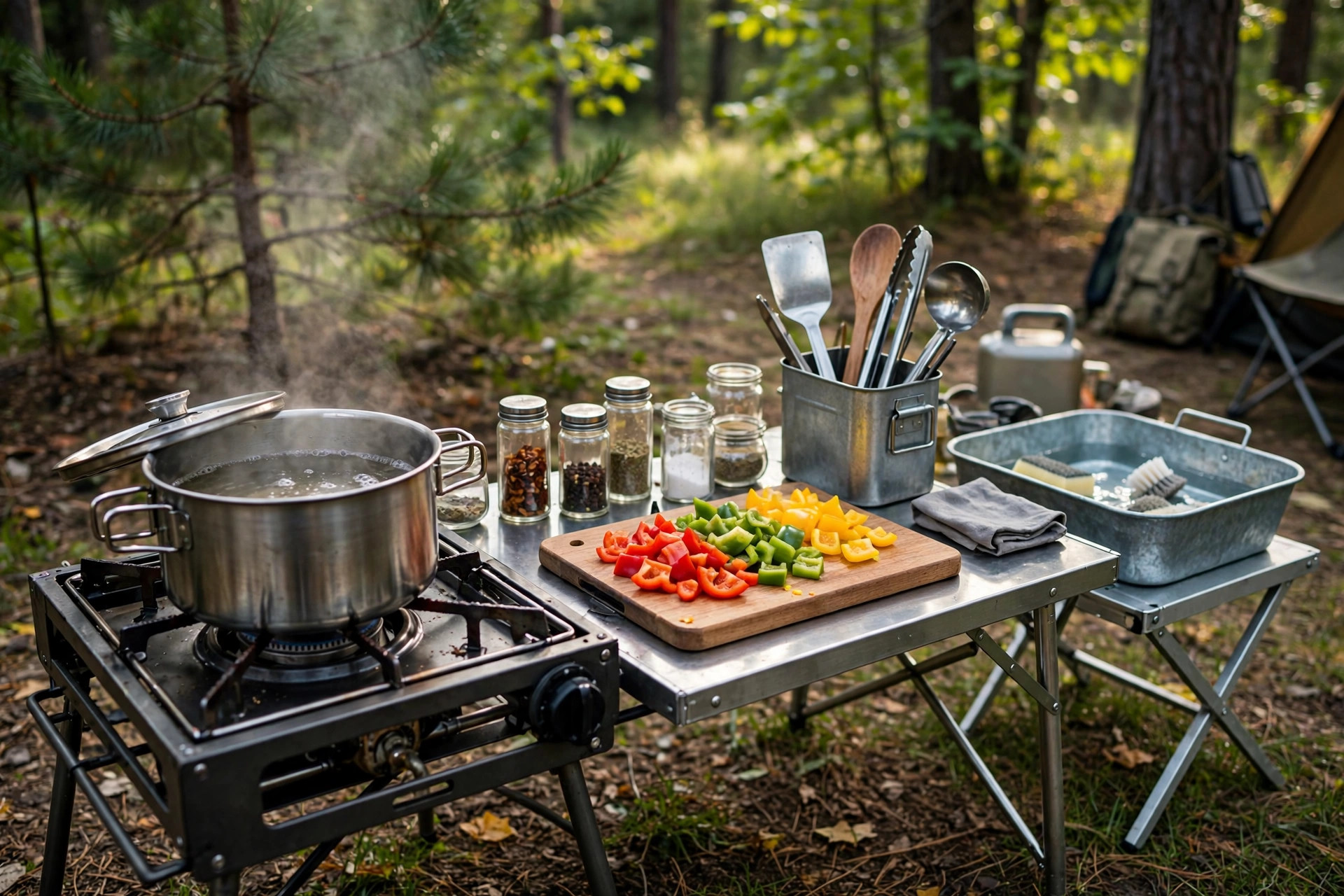 Portable two-burner camp stove with pots and a prep station set up at a campsite
