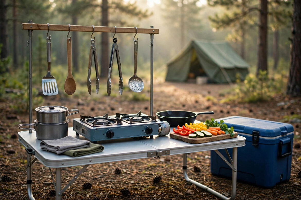 Family camp kitchen cooking station with two-burner stove, prep table and organized gear at a campsite