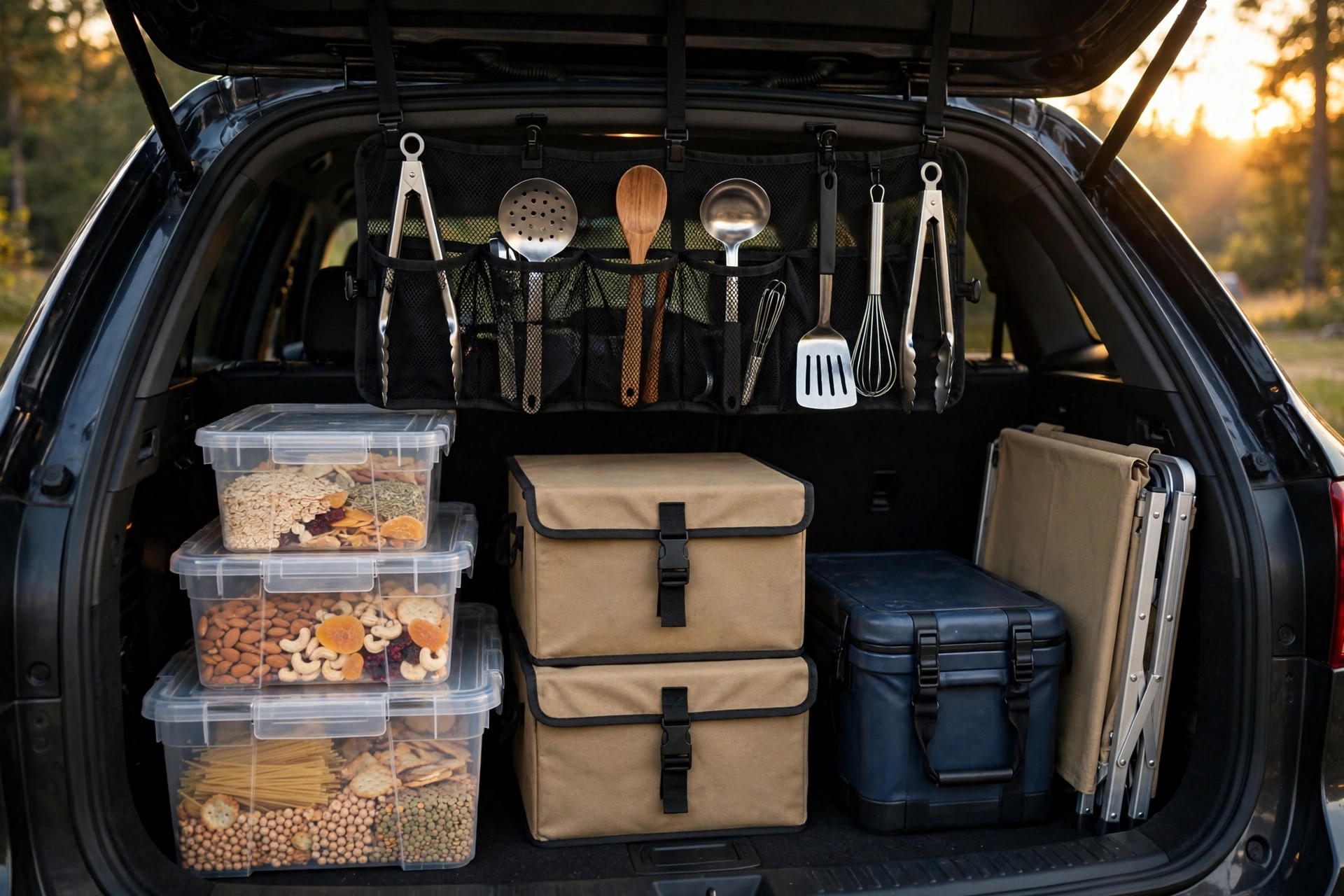 Organized camping kitchen storage bins and camp pantry packed in a car trunk
