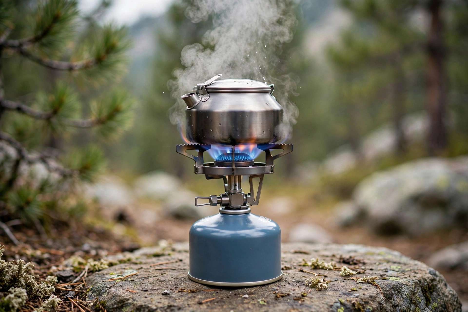 Camp Stoves Compared: Best for Family Cooking? 10 Small canister backpacking stove with a blue flame heating a kettle on a rock at a mountain campsite