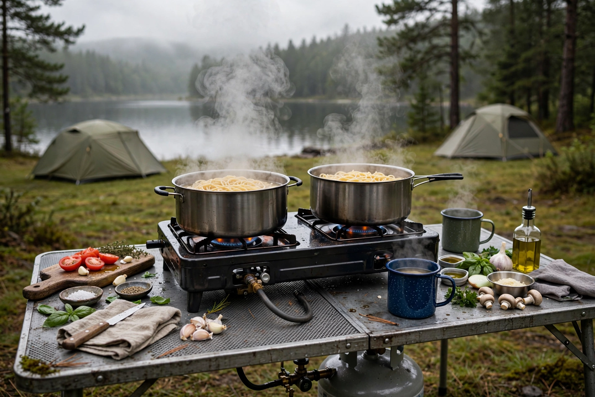 Camp Stoves Compared: Best for Family Cooking? 11 Two-burner propane camp stove cooking pasta on a camp table at a lakeside campsite