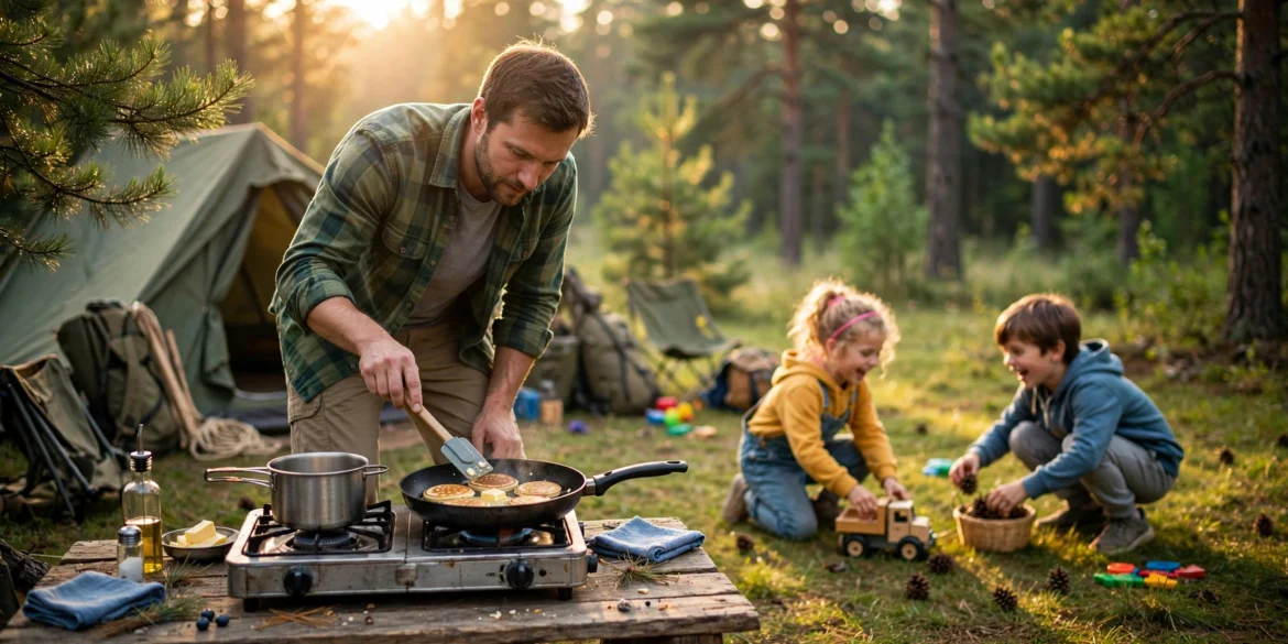 Parent cooking pancakes on a two-burner camp stove at a family campsite with pine trees
