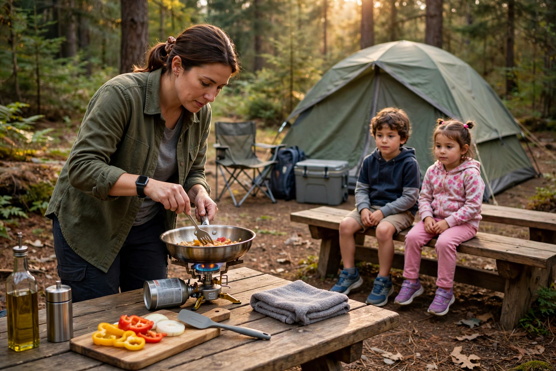 Camp Stoves Compared: Best for Family Cooking? 12 Parent cooking on a portable camp stove at a picnic table while two children sit safely nearby at a campsite