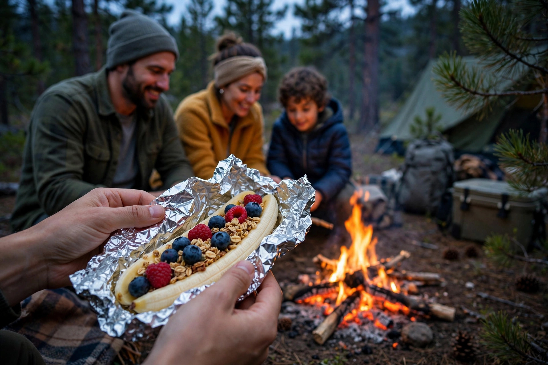 Best Healthy Camping Snacks 10 Hands wrapping campfire banana boats in foil over a glowing campfire at dusk