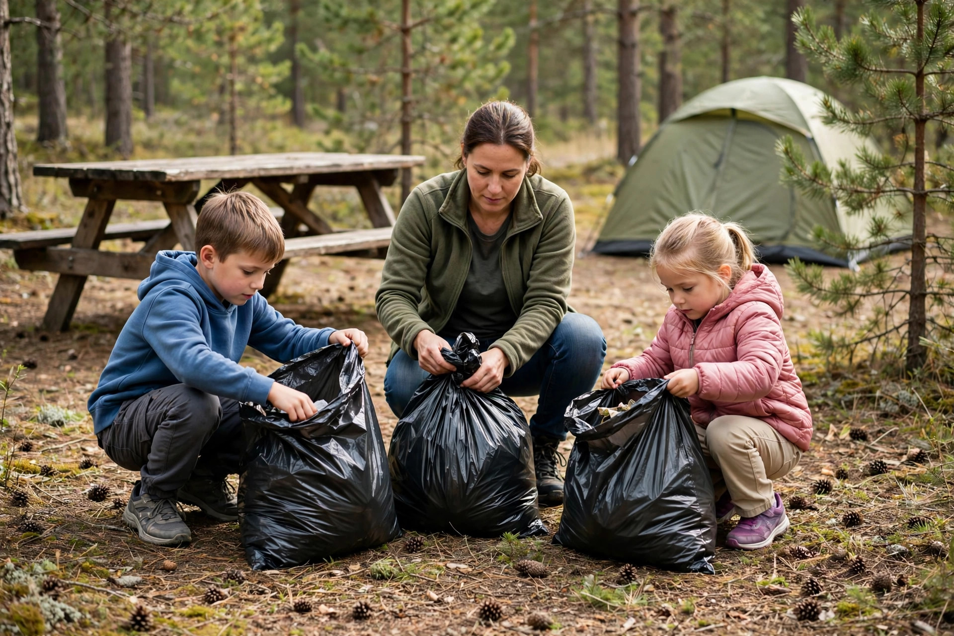 Campground Etiquette for Families: 10 Unwritten Rules 11 Parent and kids picking up trash at a clean forest campsite