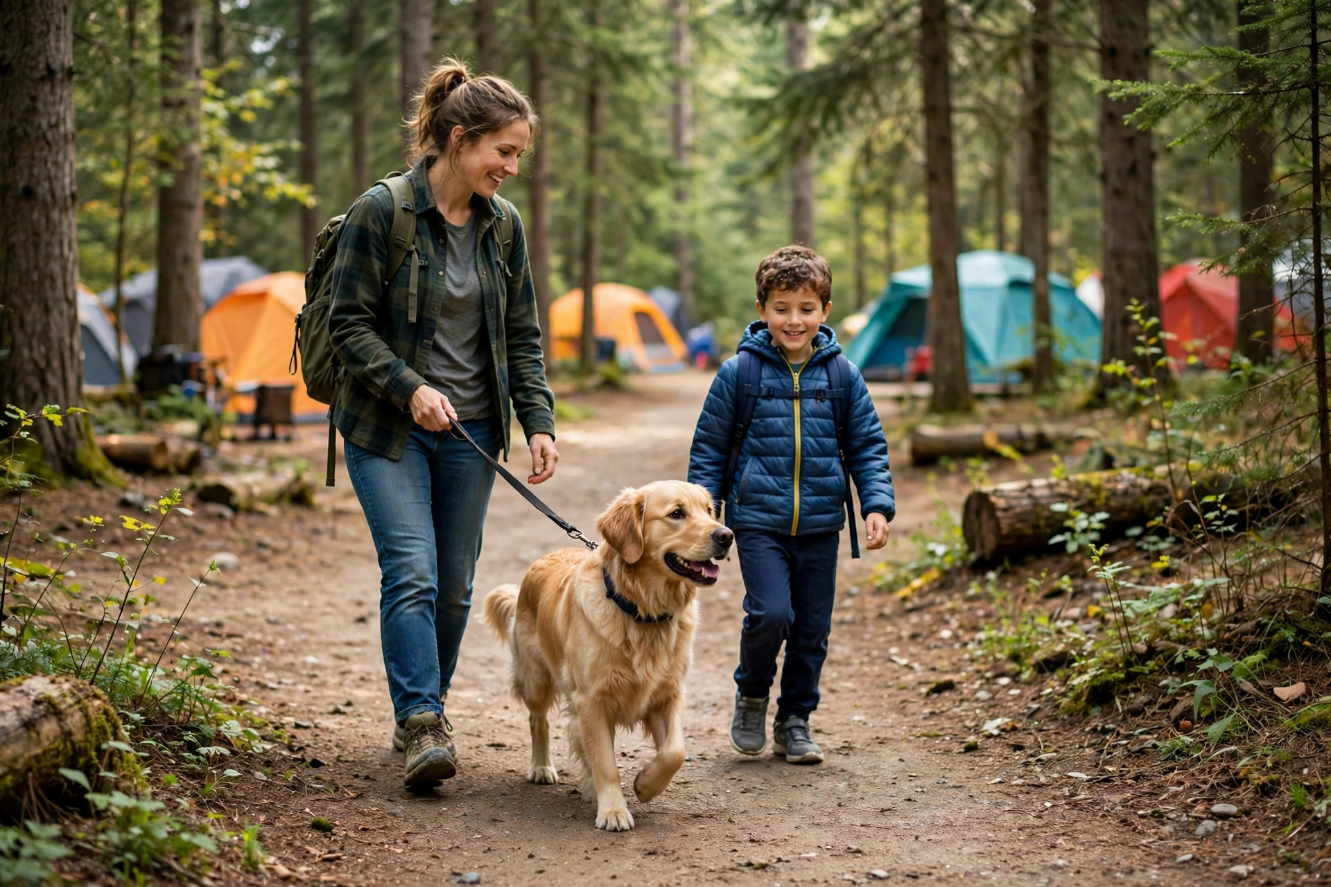 Campground Etiquette for Families: 10 Unwritten Rules 12 Family dog on leash walking with parent and child on campground path