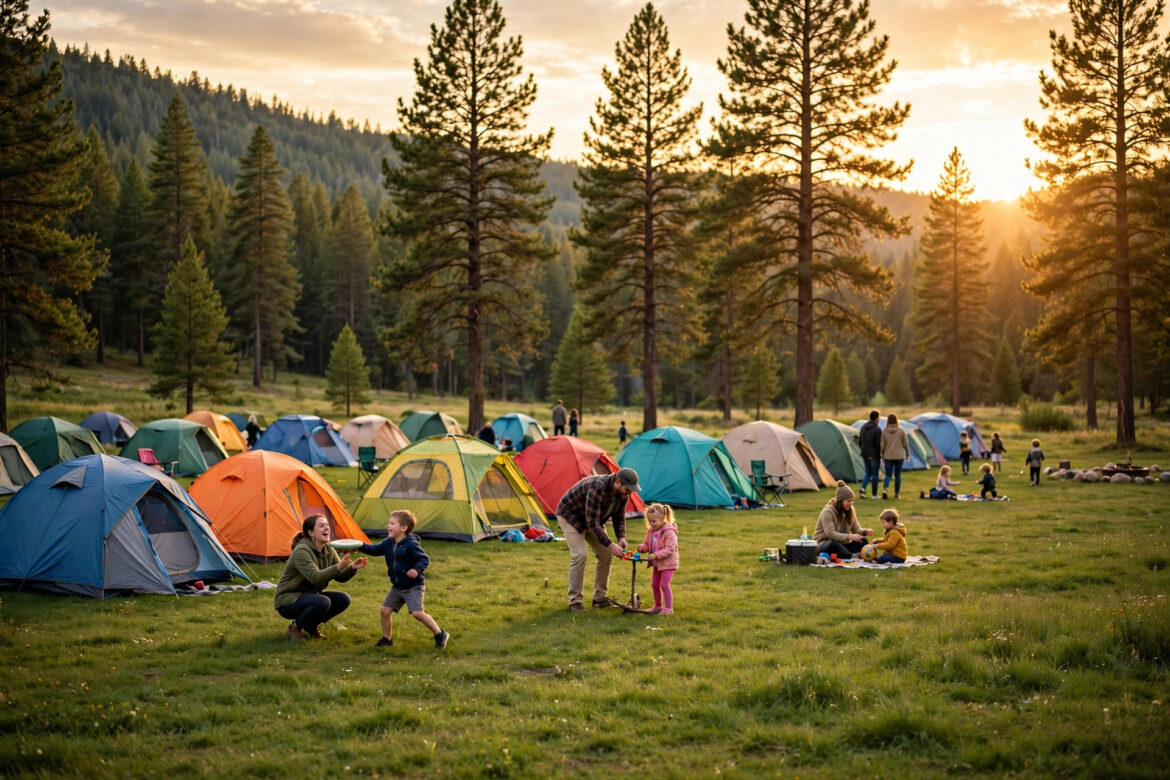 Peaceful family campground at golden hour with colorful tents and children playing